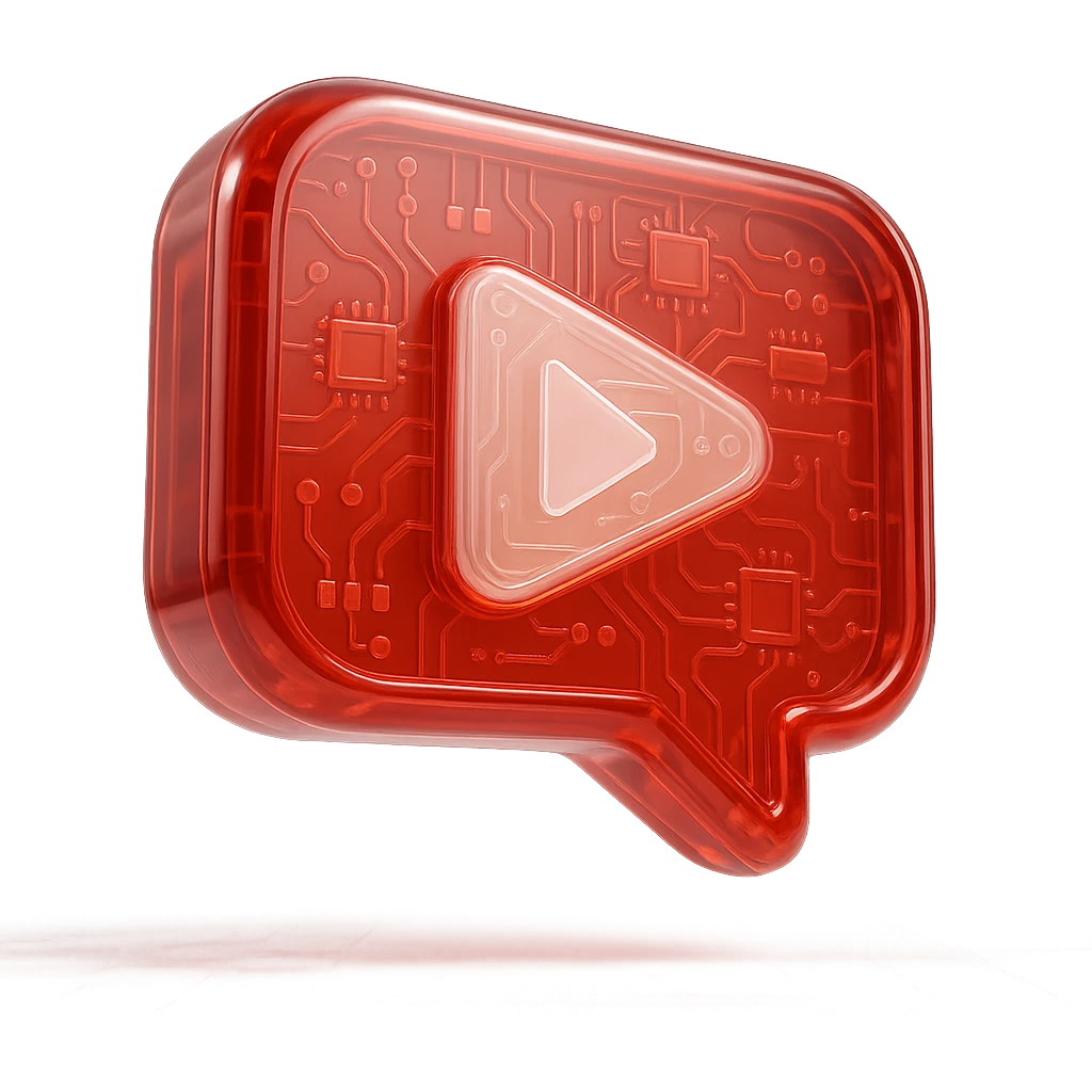 red speech bubble with a red YouTube play button, like a trophy, glossy circuit style emoji