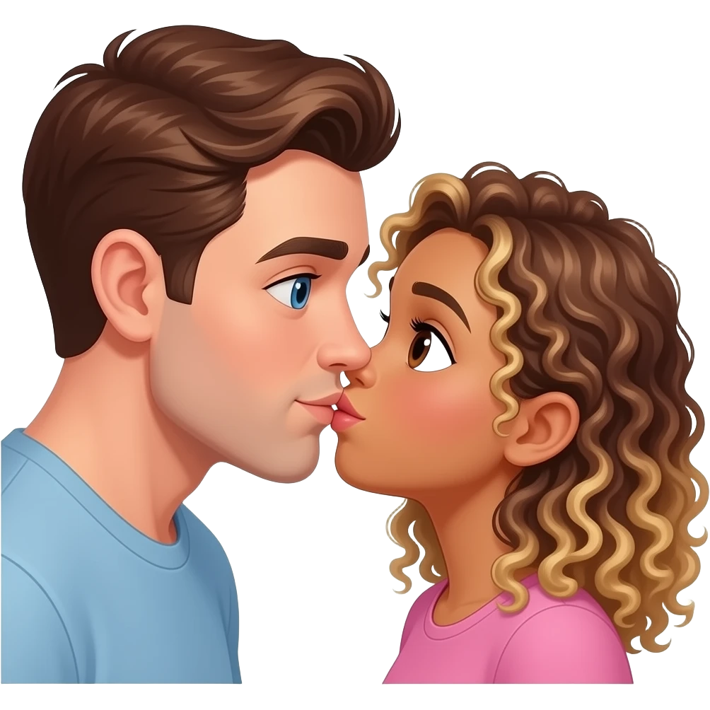 Homme blanc cheveux châtain avec yeux bleu et fille métisse cheveux bouclés marrons et blonds avec des yeux marrons qui s’embrassent emoji
