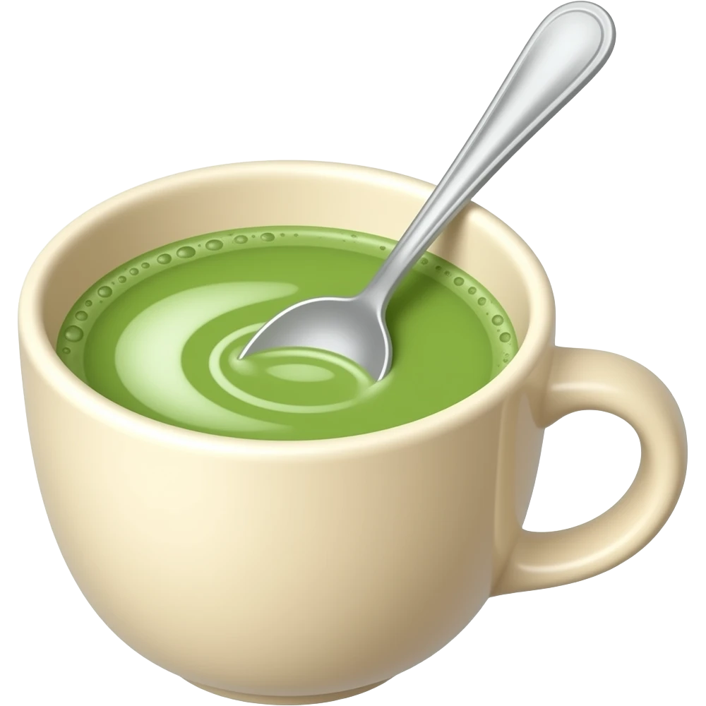 Emoji-style illustration of matcha being stirred in a cup, light beige cup with green matcha and soft foam, spoon creating a swirl, minimal, clean, soft colors. emoji