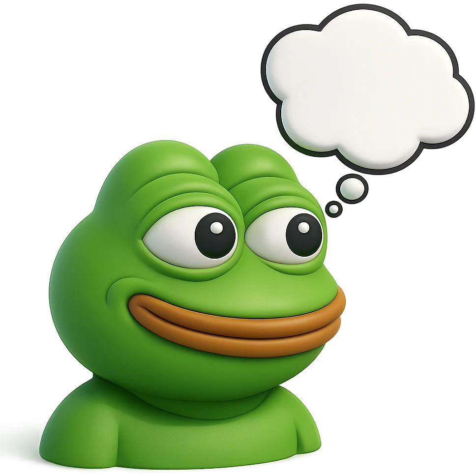 make a pepe in bright green smiling with thought bubble looking at right side in 3d style, good highlights and shadows, drop shadows emoji
