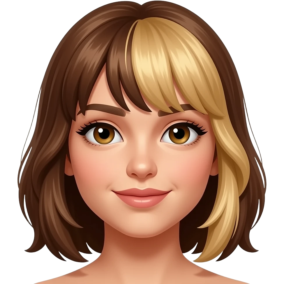 brown hair, blonde, caramel highlights, tan, side bang emoji