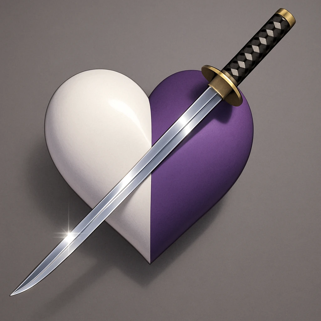 A thin and shiny katana passing through the center of a heart, heart divided into two colors (white and purple) with a subtle gradient at the junction, premium illustration style, very neat rendering. emoji