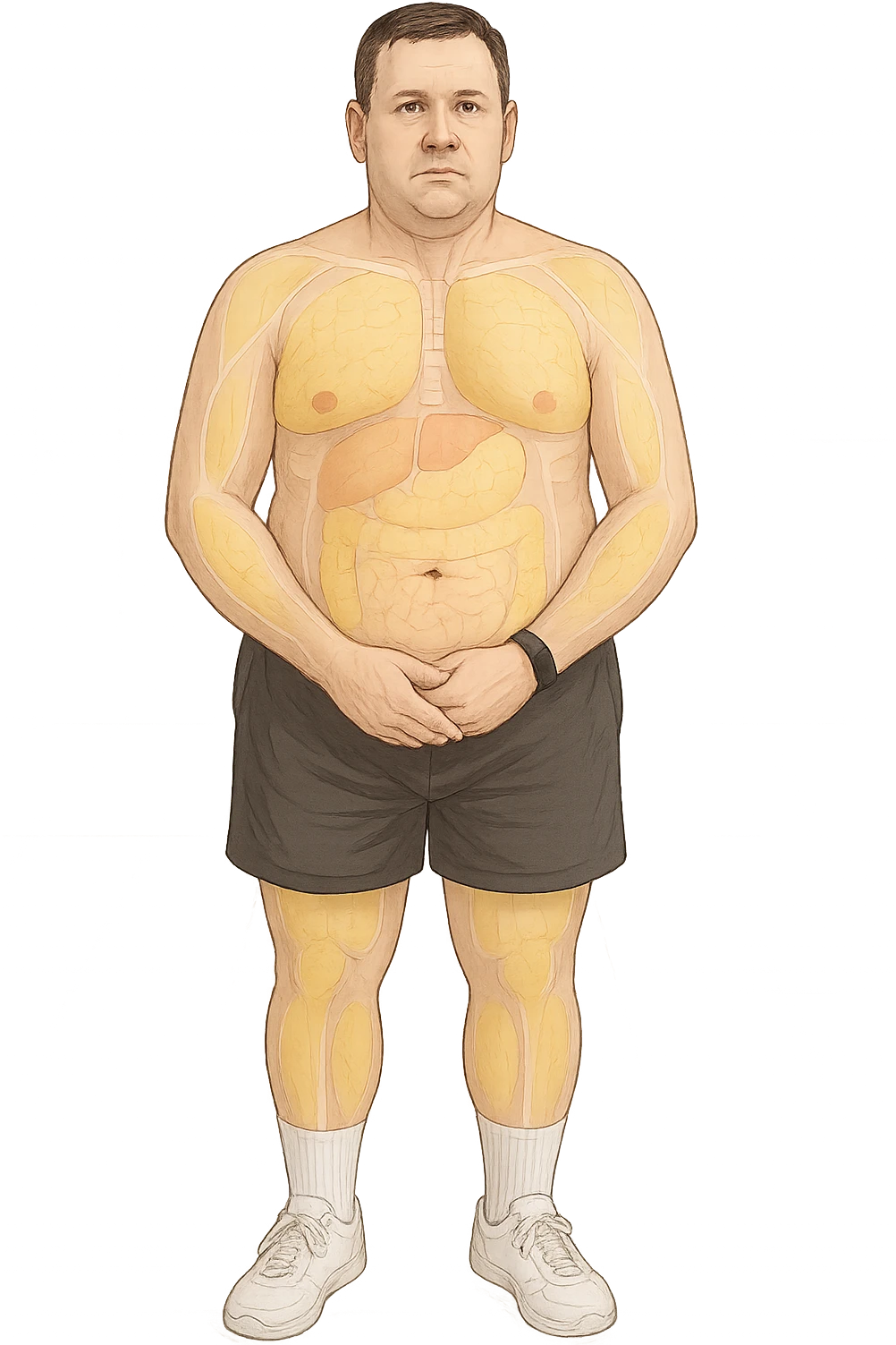 a middle-aged man stands in a clinical setting, with semi-transparent overlays highlighting areas of excess body fat accumulation—such as the abdomen, chest, and thighs. The fat tissue is shown in yellow, contrasting with underlying muscles and organs. The man’s expression is neutral, and the background is clean and modern, emphasizing the educational aspect. senza scritte emoji