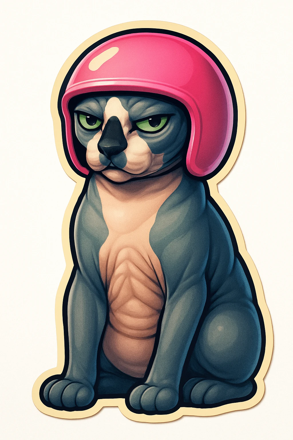 Canadian Sphynx cat with coloring as in the photo, sticker style, with a white background, with a pink helmet emoji