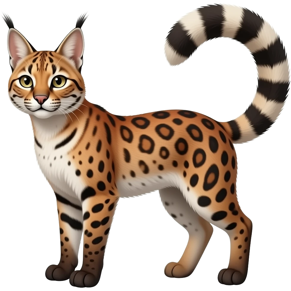 realistic elegant lanky feathery reddish, bronze, beige, white, brown, black, fantasy-caracal-civet-snow-leopard-bobcat-genet-animal-Fakémon-hybrid, long thin tufted tail emoji