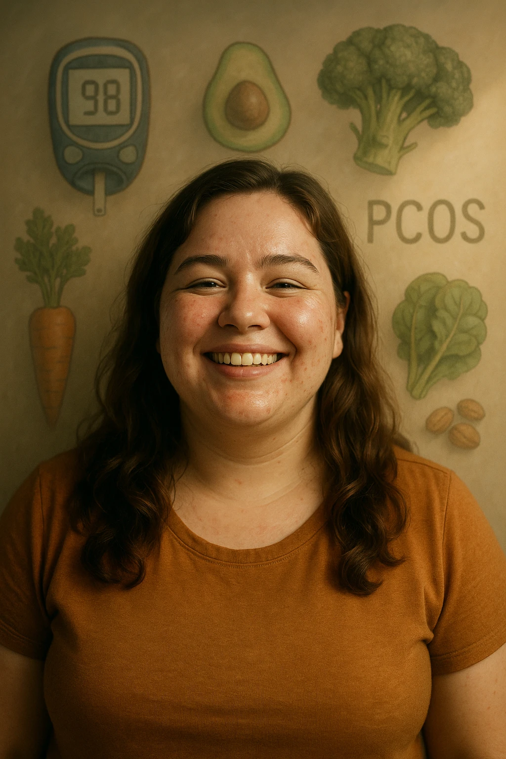 realistic cinematic portrait of a happy healthy woman with PCOS, balanced diet maintaining stable blood sugar, satisfied expression, symbols of blood sugar balance, bright atmosphere, vertical 2:3 aspect ratio, very few text emoji