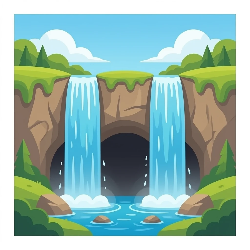 high waterfall with a cave behind with the water splitting in two like a curtain to show the cave in the middle only emoji