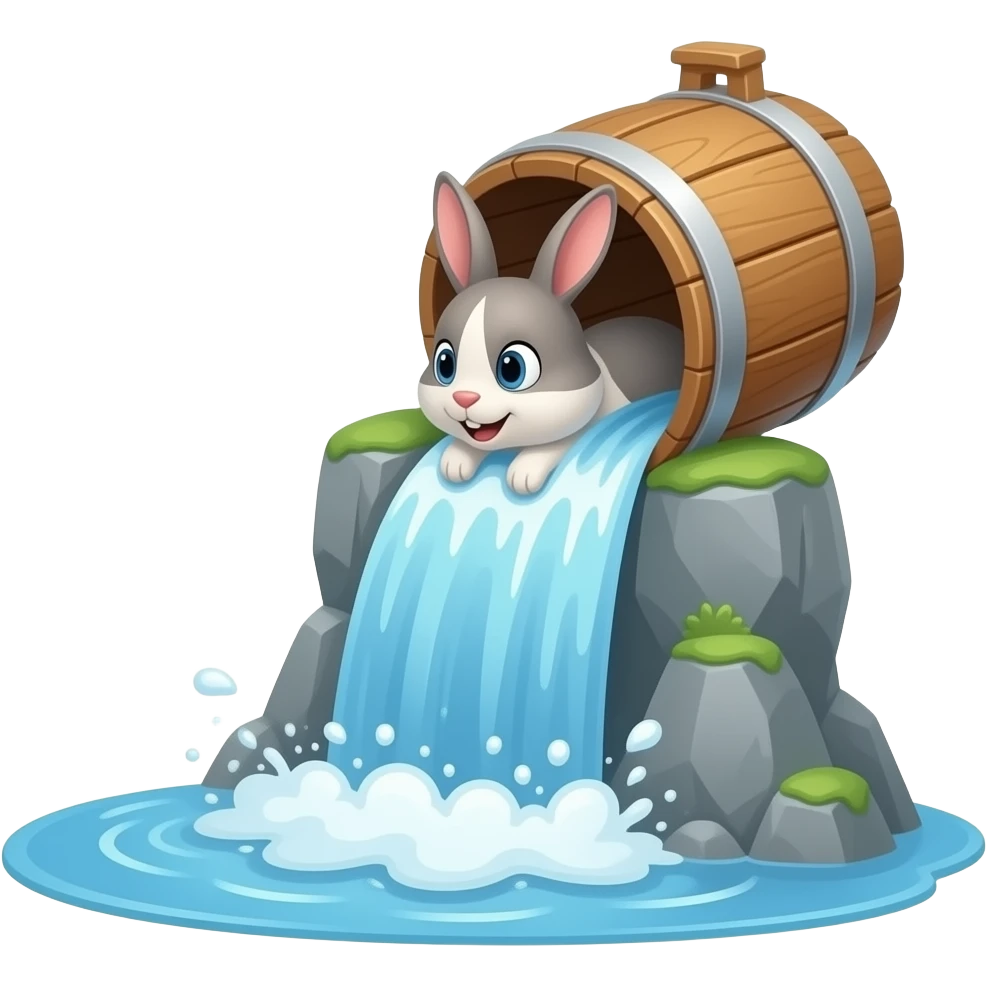 bunny floating in a barrel going over a waterfall emoji