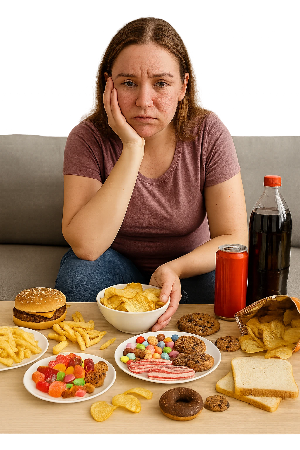 Donna tra i 25 e i 35 anni seduta sul divano o a un tavolo disordinato, circondata da cibi sparsi e poco sani: patatine, dolci, pane bianco, snack confezionati, bibite. con infiammazione e squilibri ormonali emoji