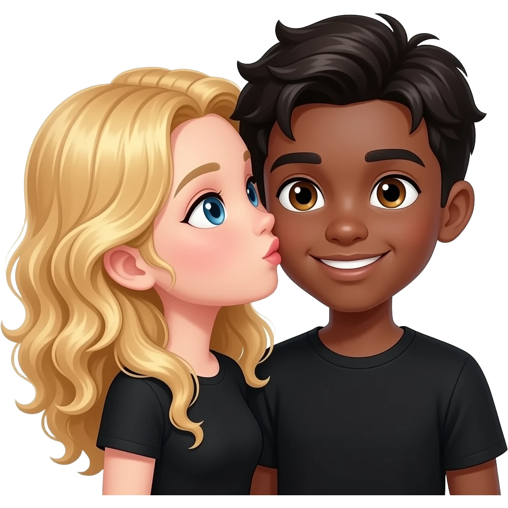 Chica rubia de pelo rizado da un beso  en la mejilla a chico negro ojos marrones. Van vestidos de negro los dos y los dos sonrien emoji