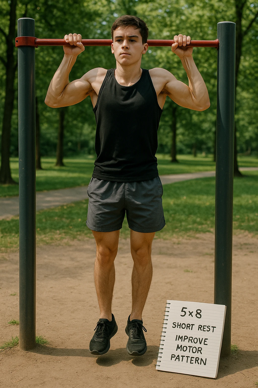 Giovane principiante dello streetlifting in un parco, fisico ancora asciutto, esegue lunghe serie di trazioni senza peso, con tecnica controllata. A terra, un taccuino con scritto '5x8 - riposo breve - migliorare schema motorio'. Espressione concentrata. Luce naturale, atmosfera educativa, senso di costruzione progressiva. emoji