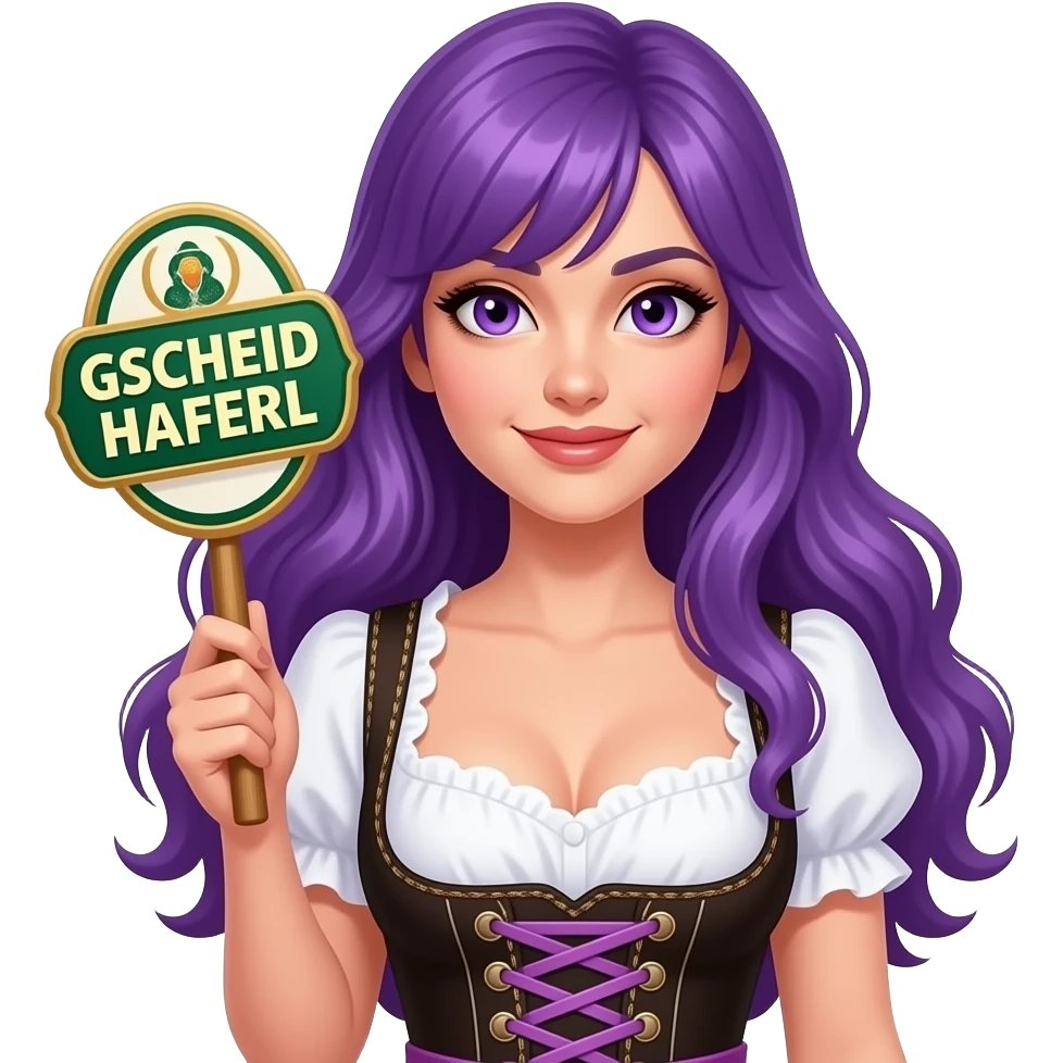 sexy girl with long purple hair and purple eyes wearing a dirndl holding a GSCHEID HAFERL! sign emoji