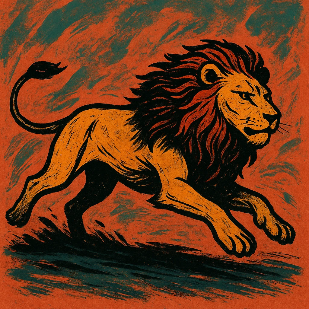 león corriendo, fondo simple, estilo alternativo, ilustración artística emoji
