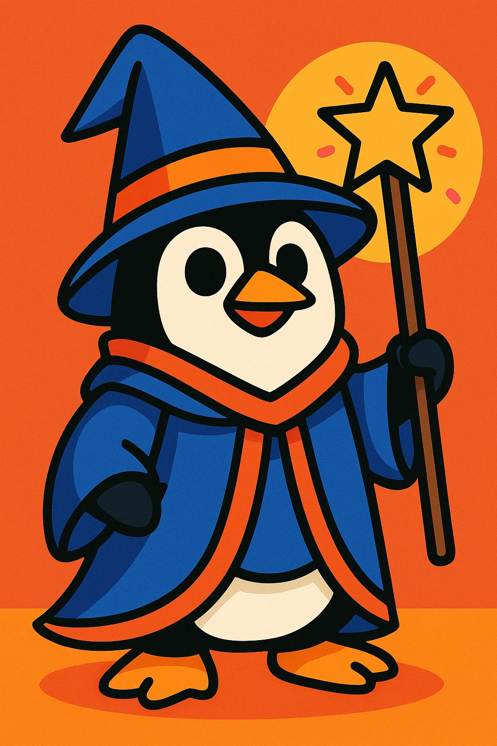 a penguin dressed as a wizard, with a pointy hat and a magic staff, vibrant cartoon style emoji