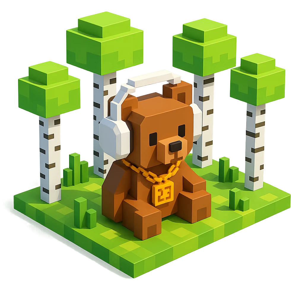 березовый лес, в котором сидит бурый медвежонок в белых наушниках (наушники должны закрывать уши медведя), на медведе цепь с подвеской "23", no background  emoji