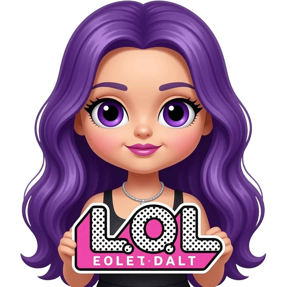 sexy girl with long purple hair and purple eyes holding a L.O.L sign emoji