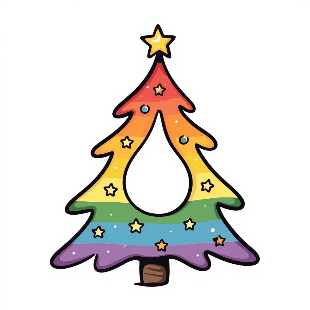 A Christmas tree with rainbow colors spread from inside to out with a middle Christmas tree shape hole emoji
