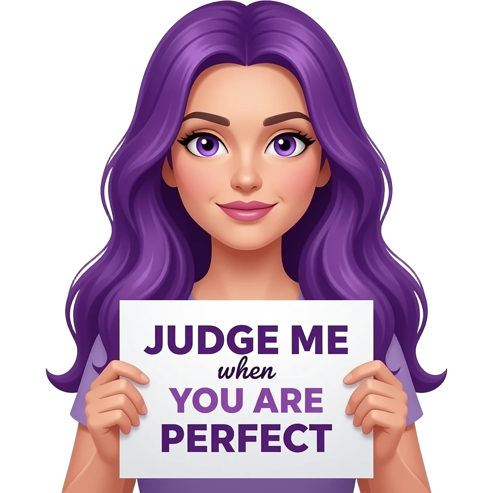 sexy girl with long purple hair and purple eyes holding a JUDGE ME when YOU ARE PERFECT sign emoji