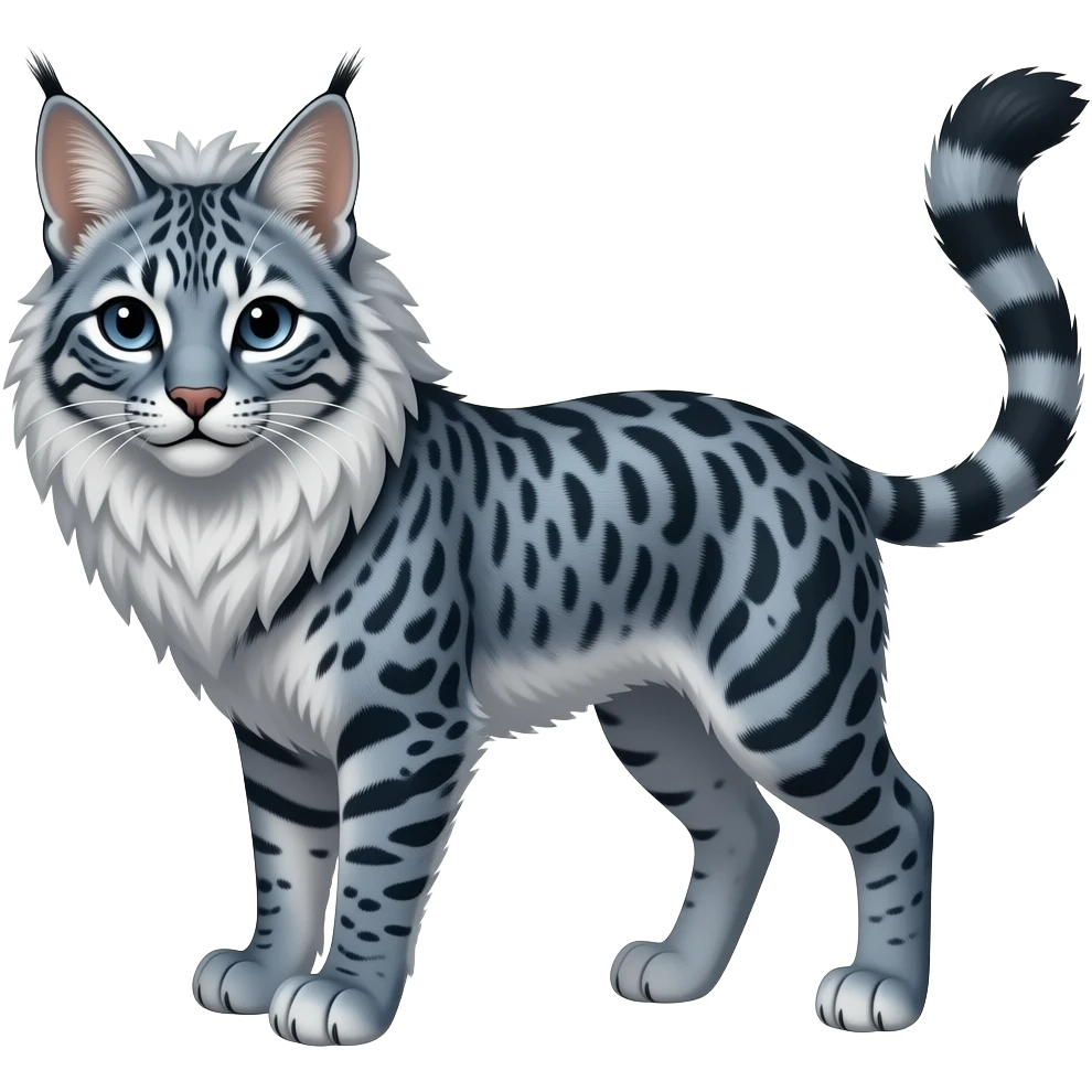 Realistic rosette-patterned marked edgy bluish greyish blackish whitish silvery Shiny Colorful Dusky Dark Glossy Genet-Caracal-Lion-Bobcat-fusion-animal-hybrid-creature, full body, tufted ears, long thin tufted tail emoji