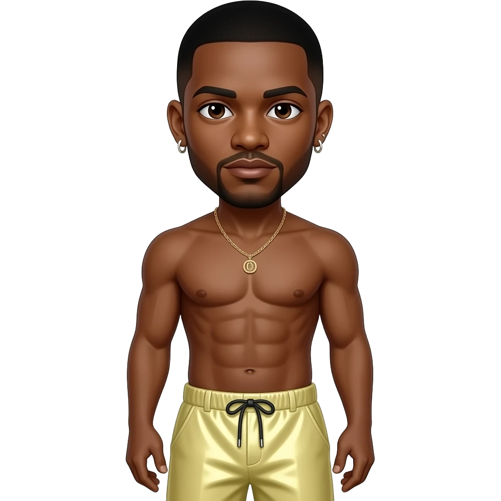 Usher with brown eyes, black buzz cut hair, pale yellow metallic baggy pants, shirtless with necklace and earrings emoji