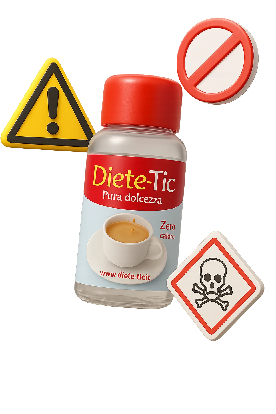 BOCCETTA DI DOLCIFICANTE LIQUIDO CON LA SCRITTA "DIETE-TIC" SULL'ETICHETTA FLUTTUA IN ARIA INSIEME A SEGNALI DI PERICOLO 3D emoji