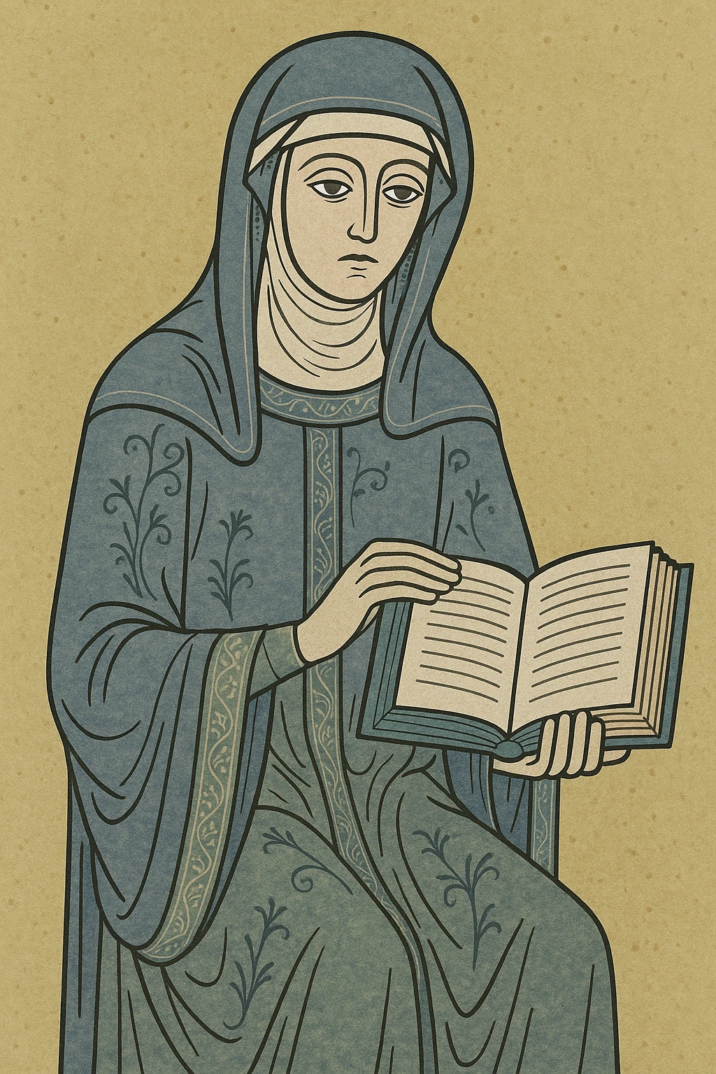medieval wise woman, reading an ancient book, historical style emoji