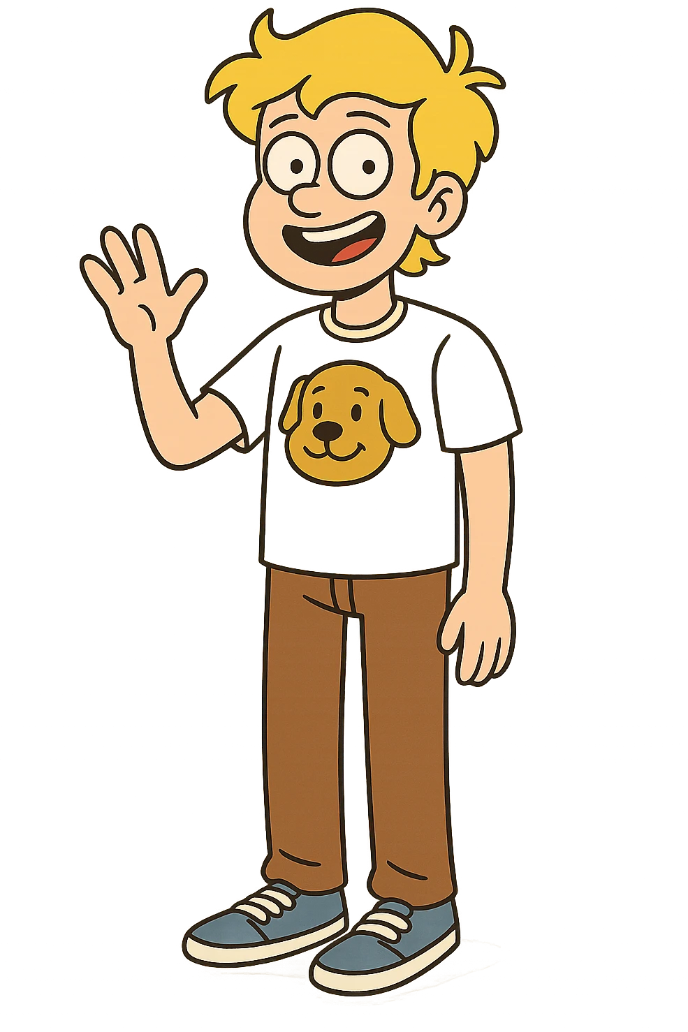 A boy yellow hair dog mascot logo t-shirts brown trousers blue vans shoe  emoji