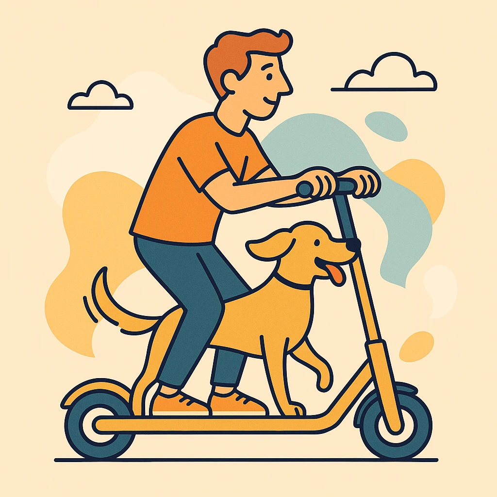 color vector art with thin outline of man and pet dog riding a scooter emoji