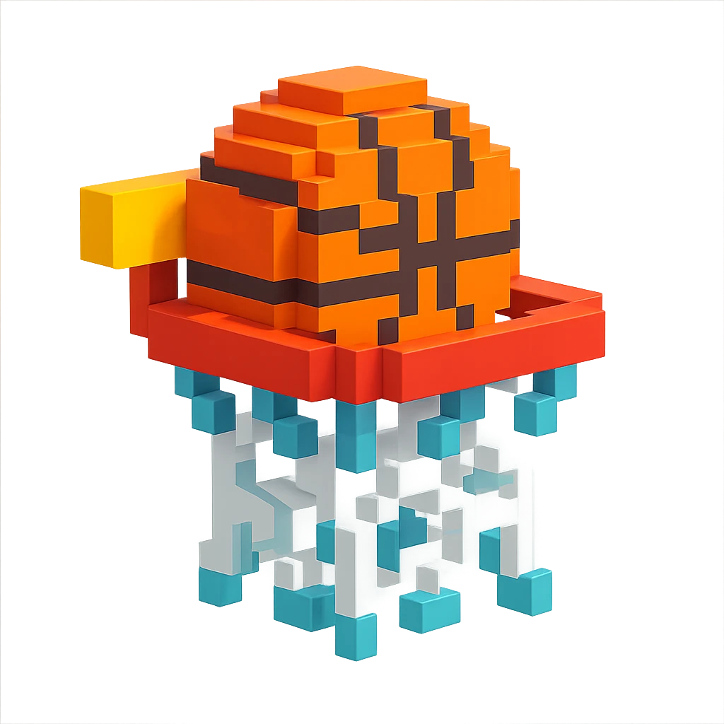 Voxel-style basketball in a net, variation 6 emoji