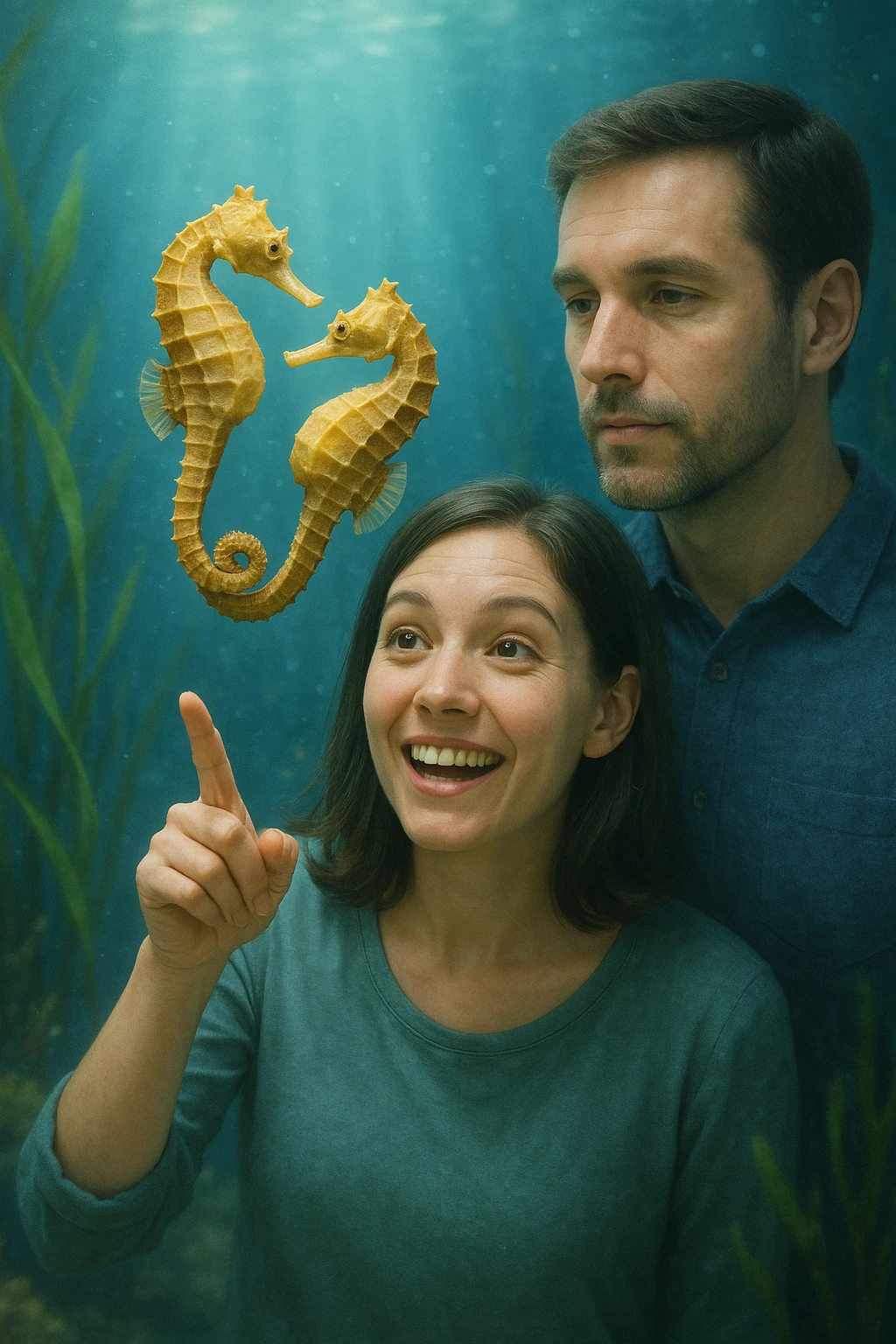 Vertical format: A couple observing two intertwined seahorses, the woman smiling and pointing, the man reflecting, atmosphere of wonder and learning. emoji