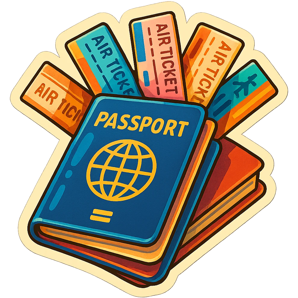 retro sticker-style image of a stack of passports with several airline tickets sticking out at different angles, bold outlines, juicy colors, expressive shadows and highlights emoji