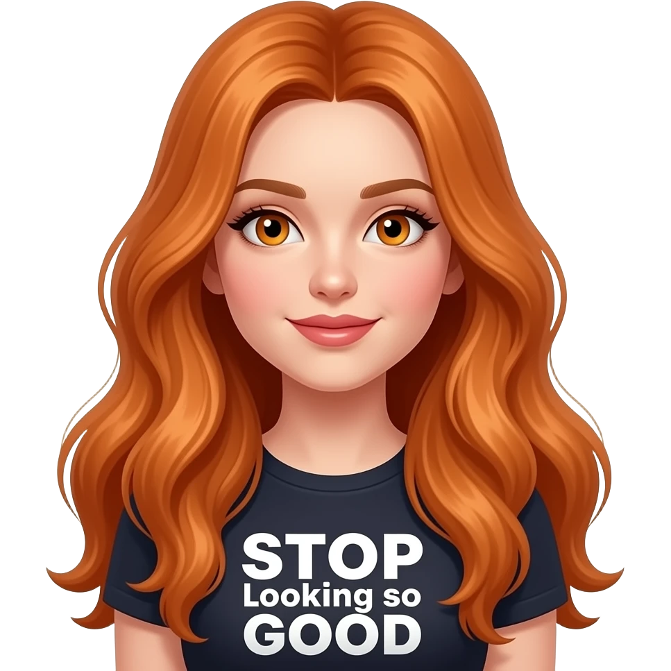 sexy girl with overlong ginger hair and ginger eyes a top with STOP looking so GOOD written on it emoji