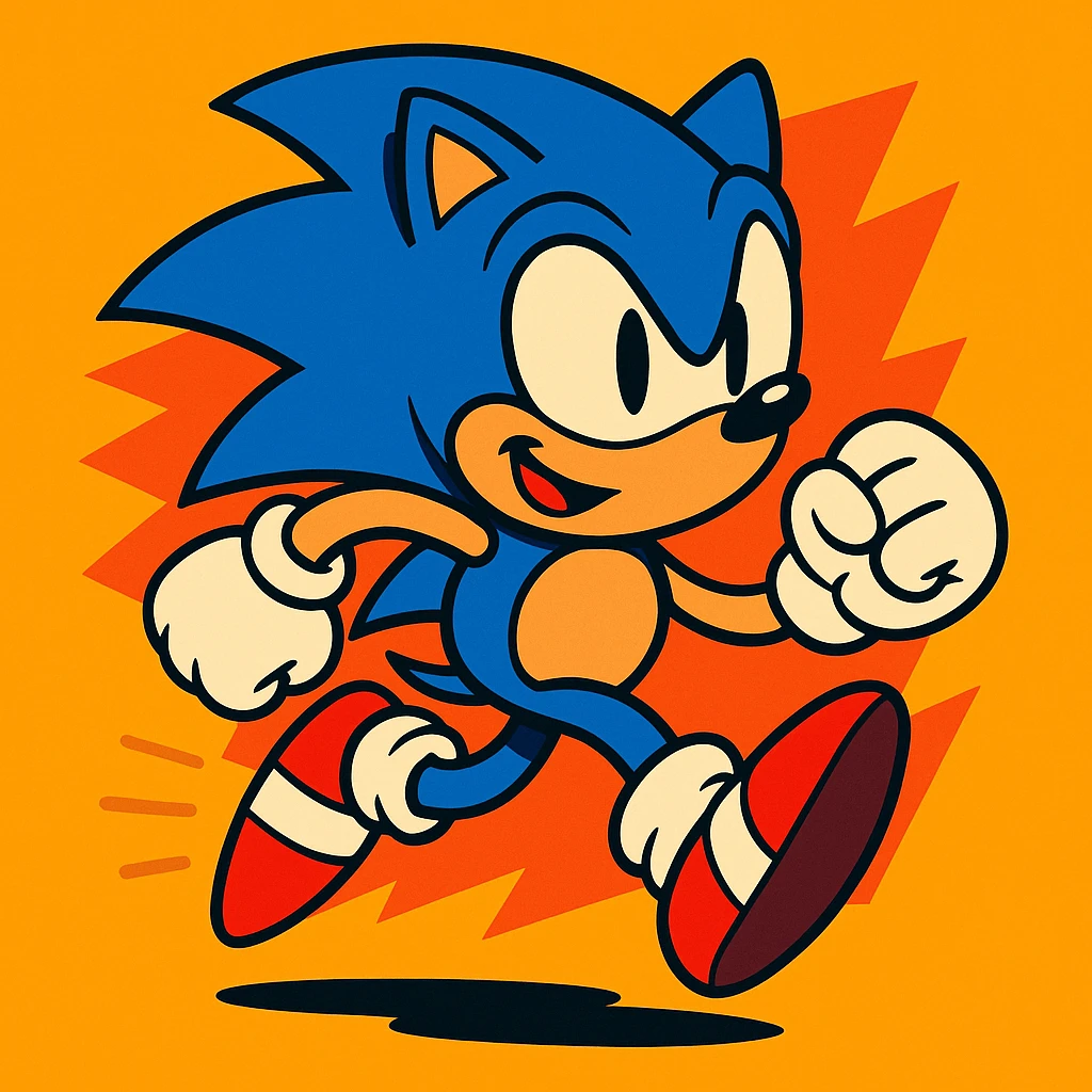Sonic the Hedgehog, energetic blue hedgehog with red shoes, running, vibrant cartoon style emoji