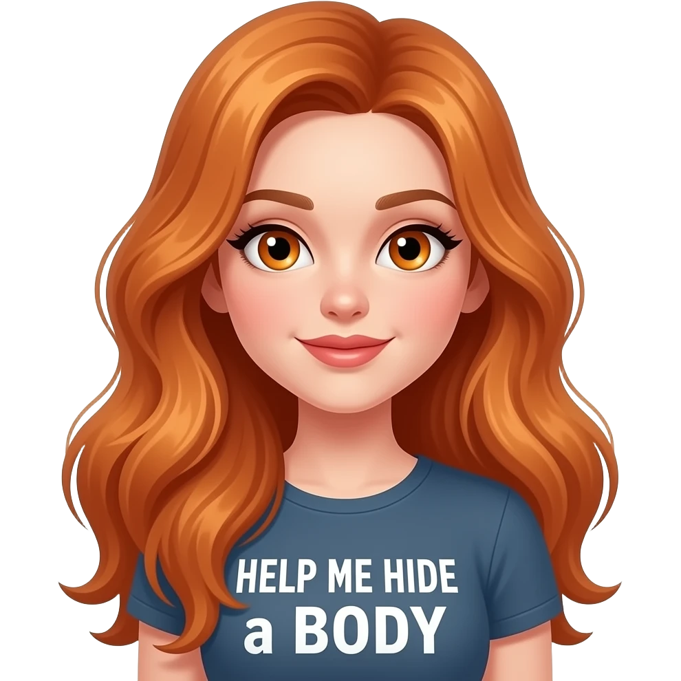 sexy girl with overlong ginger hair and ginger eyes a top with HELP ME HIDE a BODY written on it emoji