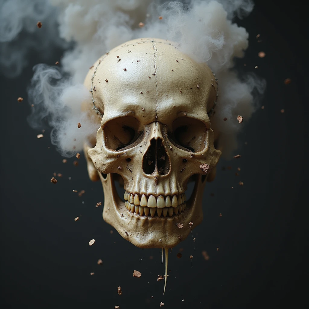 realistic skull with smoke and debris flying from the head, intense and lifelike, photorealistic style emoji