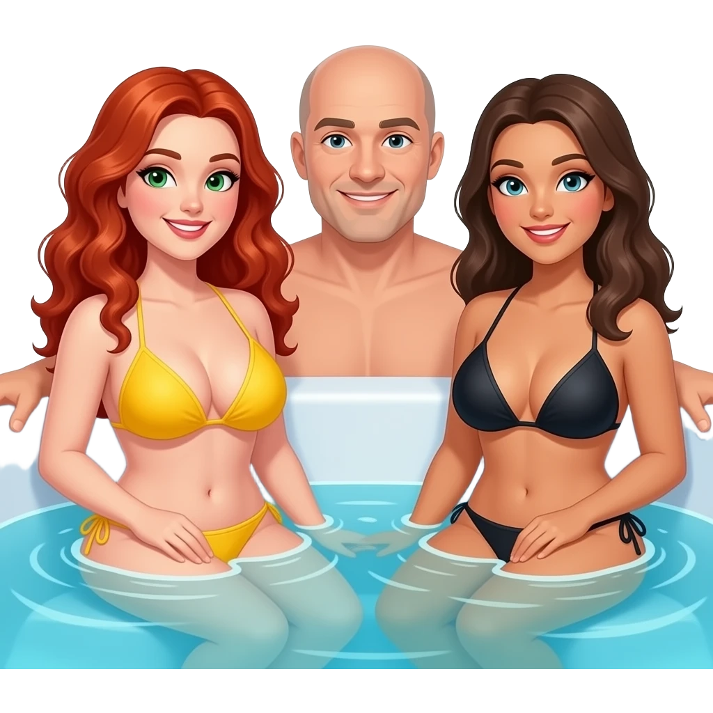 2 very curvy women with very large breasts, 1 redhead with long curly hair, green eyes in a yellow bikini, 1 brunette with black bikini,  and 1 man bald with light goatee, sitting  in a hot tub emoji