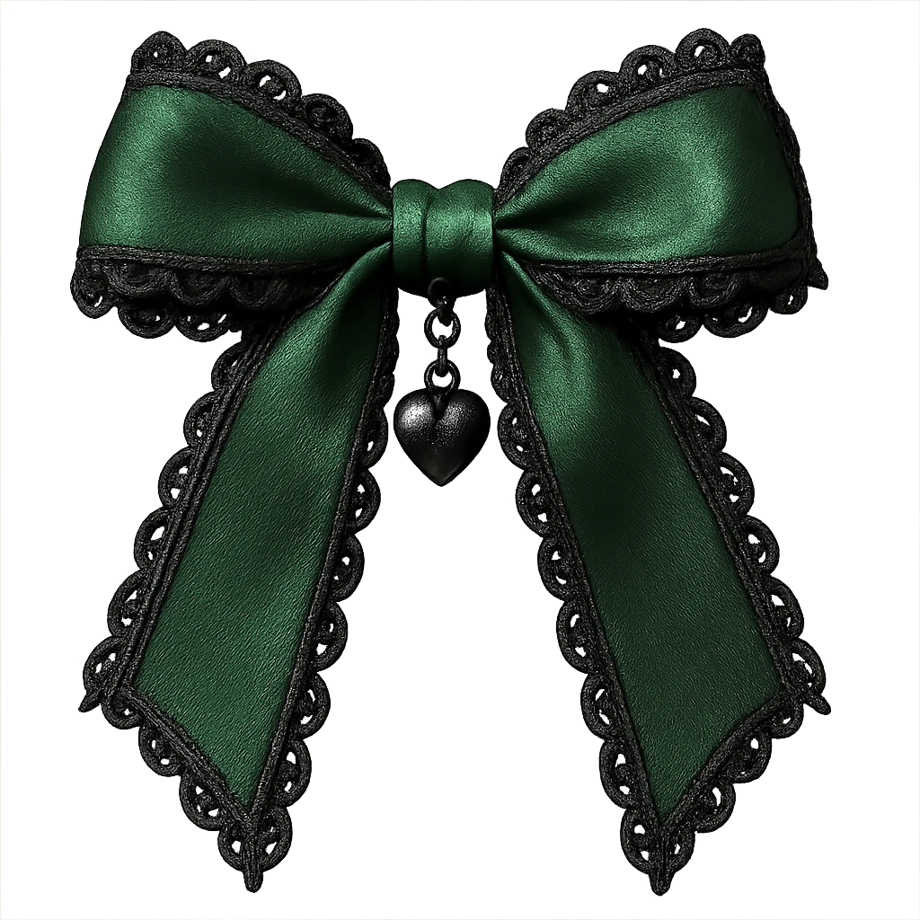 green gothic bow with black lace trim and heart charm, remove background emoji