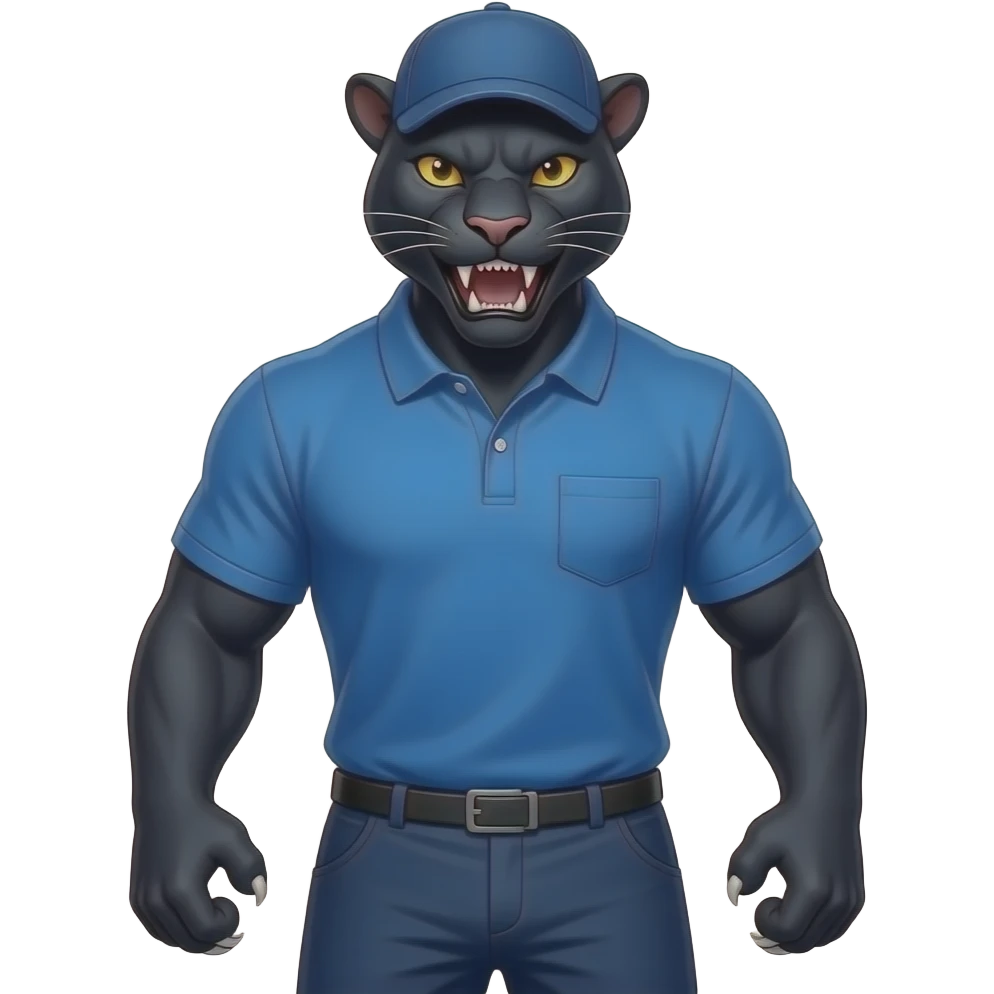 pantera imponente fuerte y poderosamostrando garras y comlillos con polo azul y gorra deportiva sin logos sn pantalones emoji