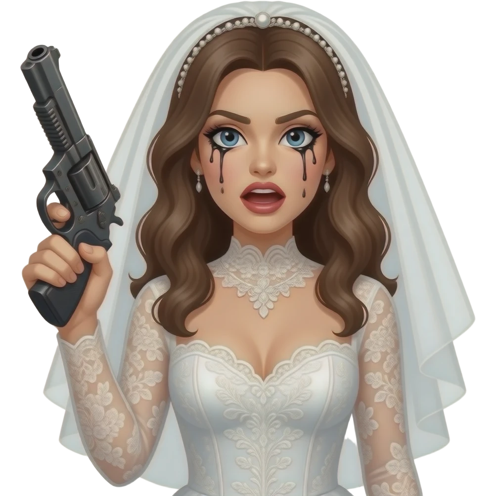 bride holding a big gun looking like a crazy maniac with runny mascara emoji
