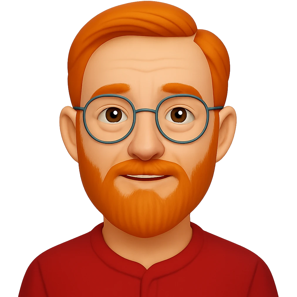 old man, orange straight hair, with beard, no mustache, wearing glasses, long face, wearing a red jacket, emoji style emoji