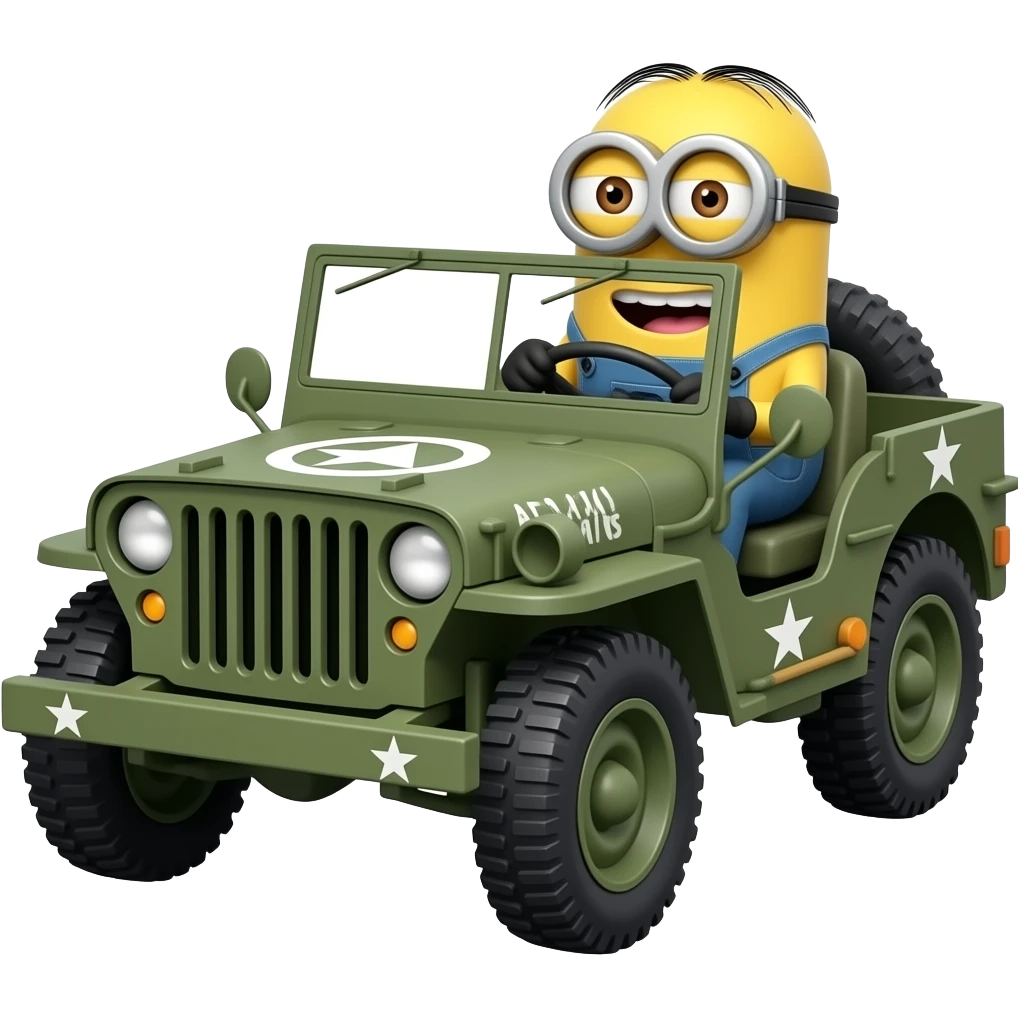 Minion driving army jeep with Attack Titans text on hood emoji