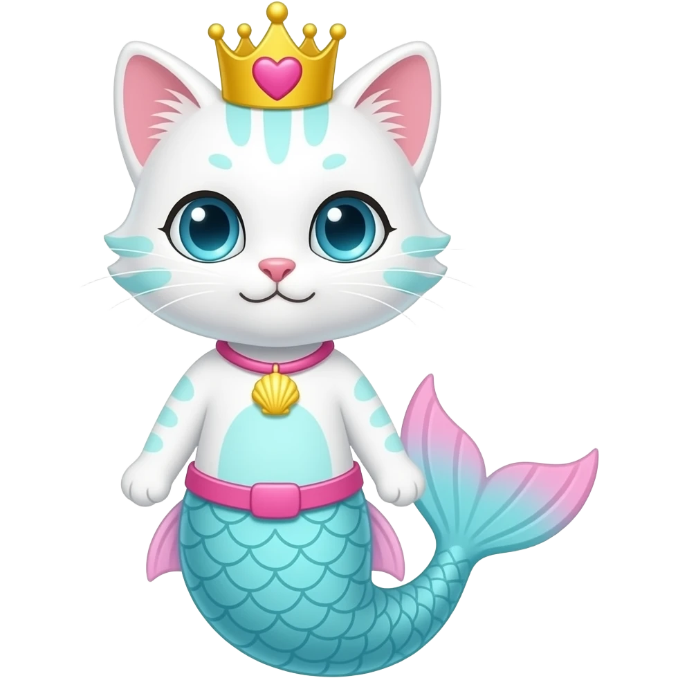 a white anthro cat with  light cyan markings  yellow crown with pink heart on top  blue eyes light cyan belly  pink necklace with yellow seashell pink blank belt attached to light  cyan mermaid tail with white details with pink fins named Kaiyo emoji