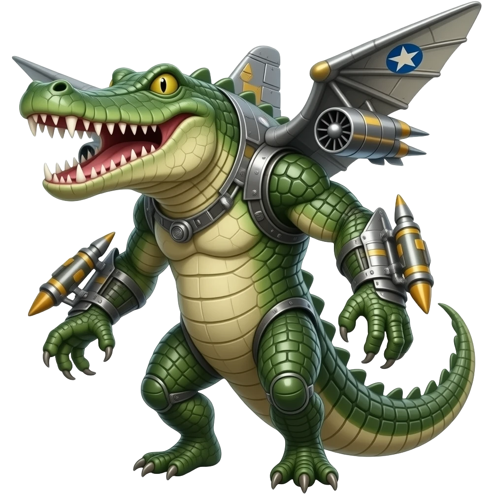 Surreal hybrid creature: a crocodile fused with a military bomber plane — green scaly body, metal wings, jet engines, and missiles. Aggressive grin, cartoon-realistic style, cinematic lighting. emoji
