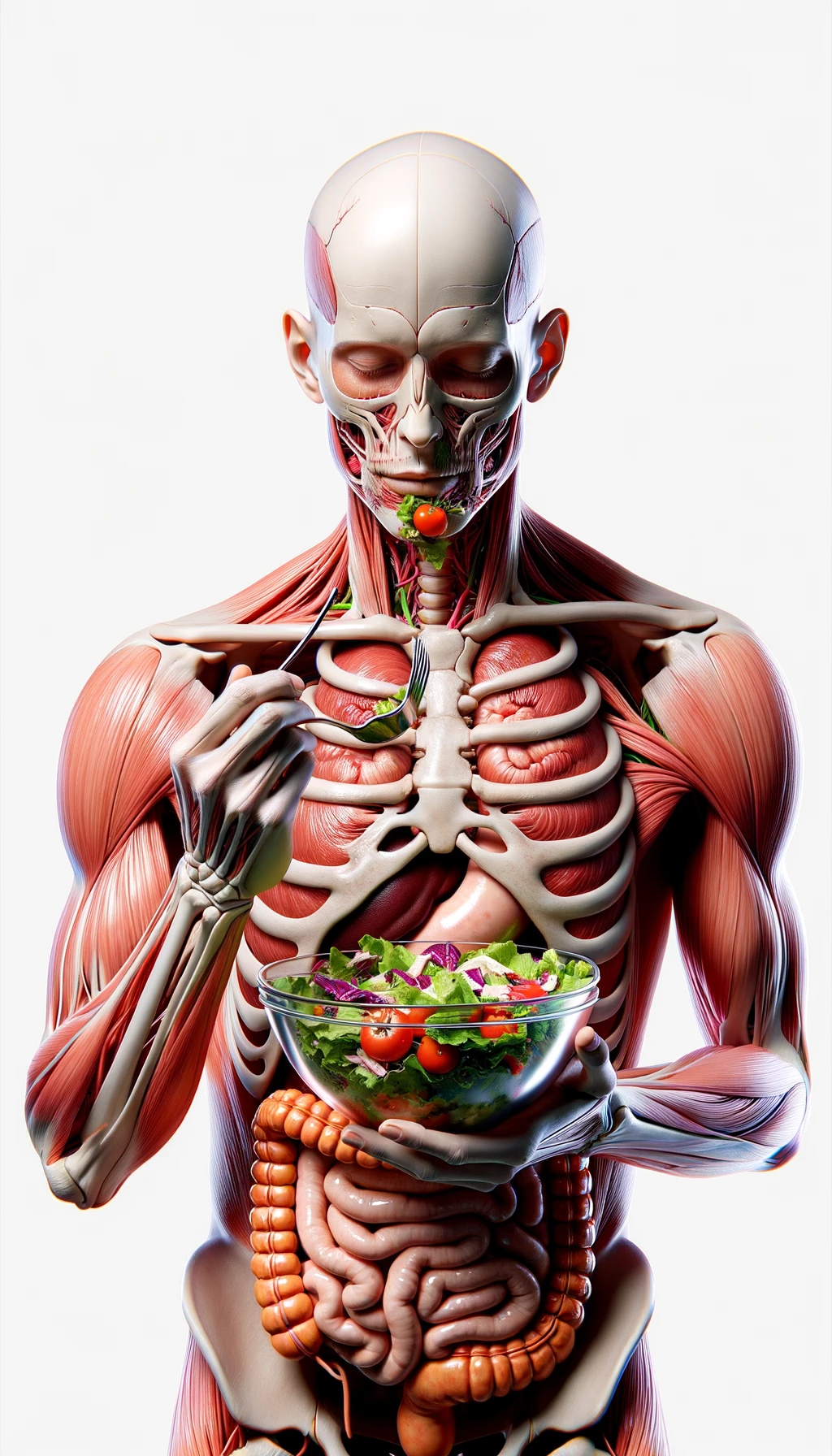 corpo umano anatomico con intestino in evidenza mentre mangia un'insalata con espressione neutra in volto, iperrealistico 4k, isolato su sfondo bianco emoji