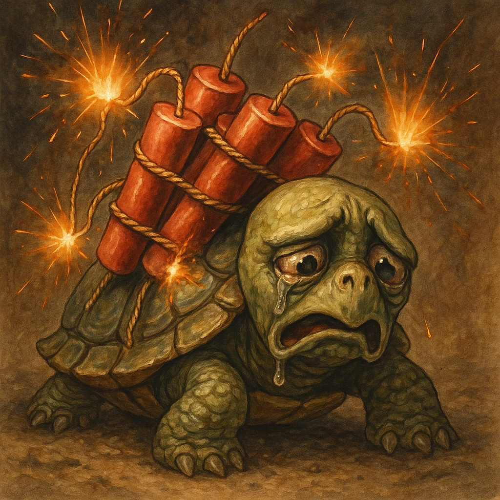 A sad turtle with firecrackers strapped to its back, looking distressed, the firecrackers are lit and causing harm to the turtle, expressive and emotional emoji