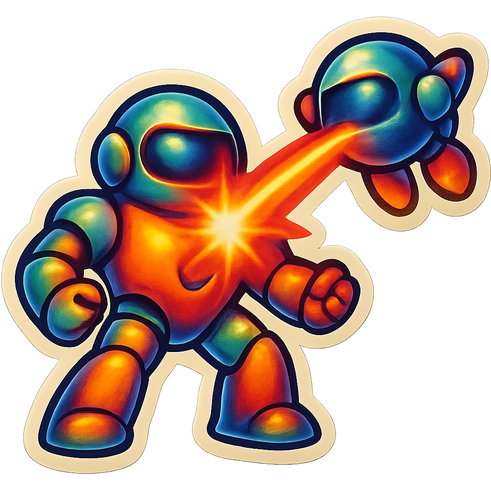 new character...robot being hit with a red beam by a flying robot emoji