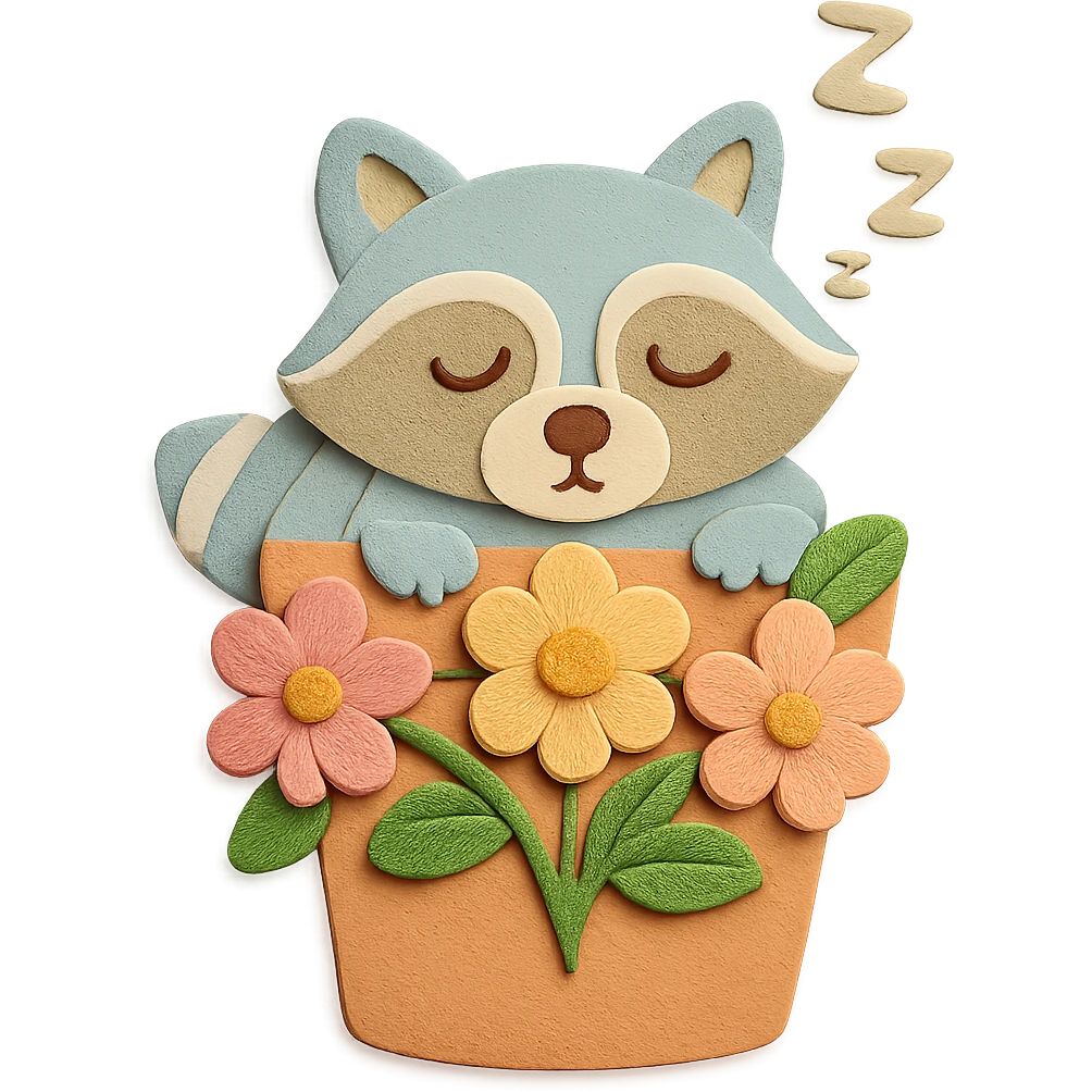 Add a few natural-looking pastel color flowers into the flower pot, making sure the flowers look natural and the image has no imperfections. The raccoon and flower pot design remain unchanged. emoji