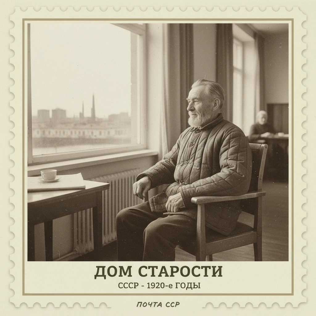 Марка на которой изображен дедушка в доме престарелых. СССР 1920-е годы.

Стиль марки такой же, как на прикрепленном фото emoji