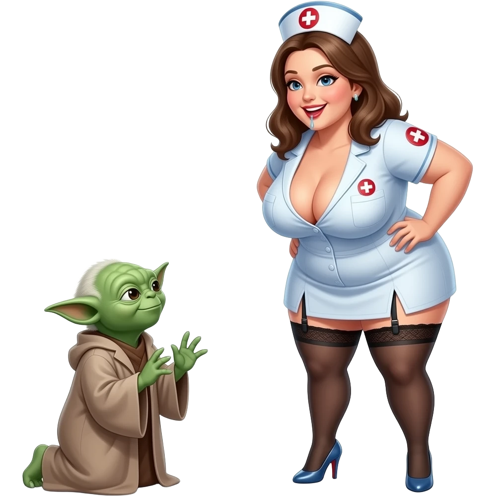 Yoda with a large breasted nurse, smiling wearing garter belt, stiletto heels, kneeling and facing yoday, low cut cleavage, mouth wide open drooling emoji