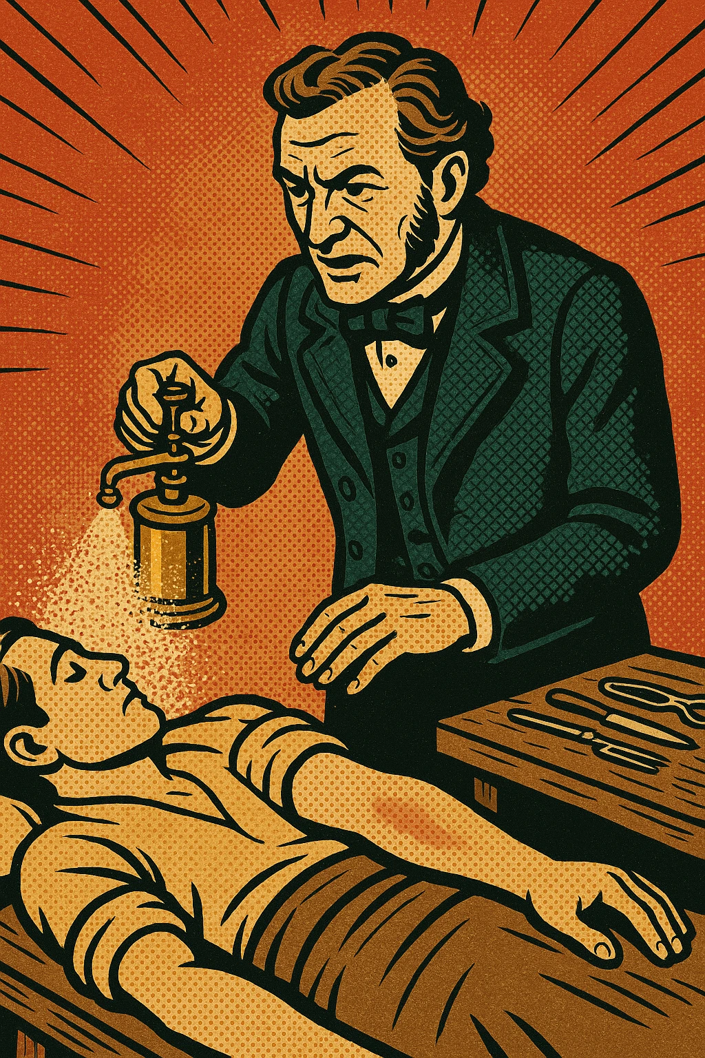 A victorian surgeon like Joseph Lister using a carbolic acid spray during an operation on a patient's arm. The patient is on a wooden operating table. There are surgical tools on a bench to the side. emoji